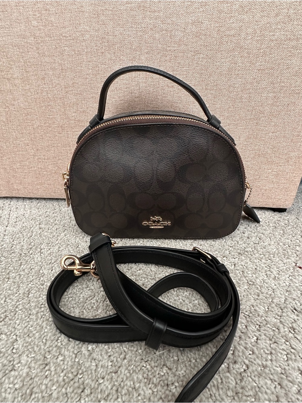 Coach Brown Signature Dome Crossbody with Black Strap